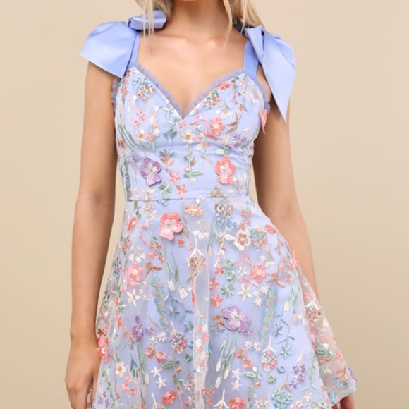 Lulus Astara Periwinkle Floral Embroidered Tie-strap Mini Dress Blue - Size M - Picture 1 of 5
